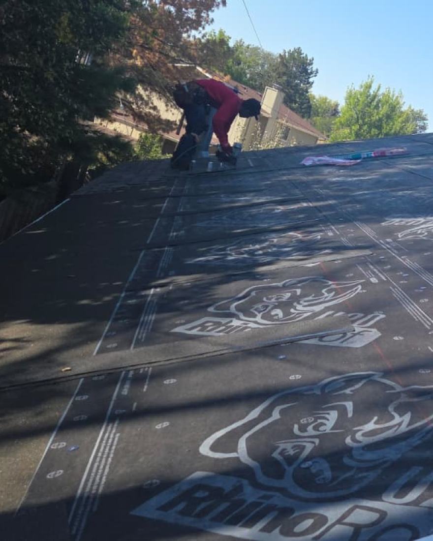 A Crazy Horse Roofing crew member fastening synthetic underlayment on a Northern Colorado roof